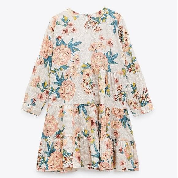 Zara Multicolor Floral Textured 3/4 Sleeve Tiered Flounce Hem Mini Shift Dress M - Picture 15 of 16
